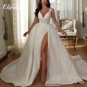 맞춤형 세련된 볼 가운 웨딩드레스, 민소매 V넥 스팽글 스트랩 아플리케 레이스 사이드 슬릿 진주 브라이덜 가운 드레스