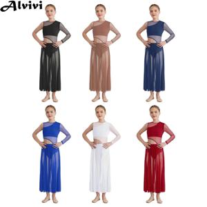 어린이 소녀 긴 소매 시스루 메쉬 컷아웃 모던 리리컬 댄스 레오타드 드레스 피겨 스케이팅 체조 아크로바틱 의상