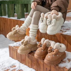 두꺼운 밑창 가방과 면 슬리퍼, 여성용 겨울 신상 패션 리본 장식 플러시 따뜻하고 방수되는 야외용 스노우 부츠