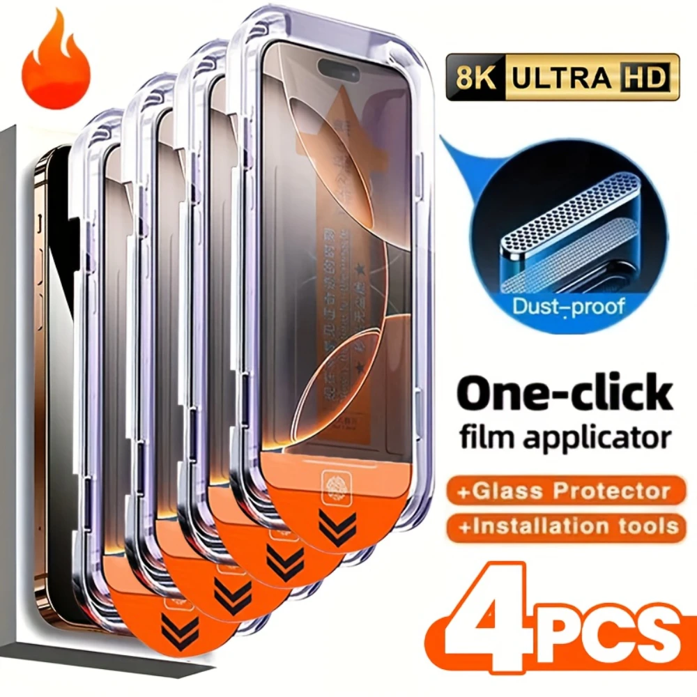 NNBILI 4개입 강화유리 스크린 보호필름 아이폰 17 16 15 프로 맥스 14 13 12 11 프로 미니 XR XS 맥스 보호유리