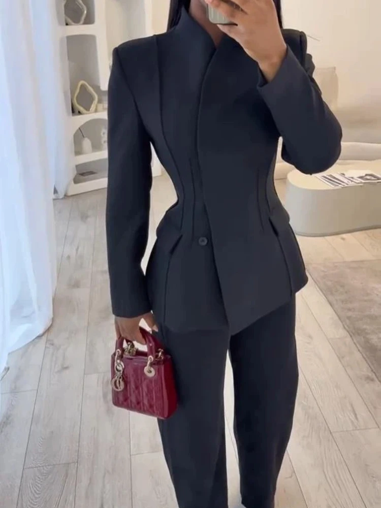 클래식 수트 재킷 롱 팬츠 세트 여성 빈티지 허리 조임 재킷 스트레이트 팬츠 세트 여성 가을 시크 스트리트 의상