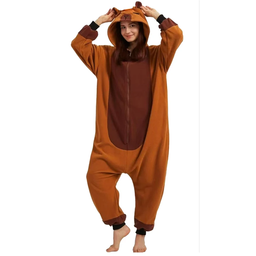 Kigurumi Capybara Onesies 성인 원피스 잠옷 여성 남성 플란넬 만화 동물 잠옷 할로윈 퍼포먼스 Onesie