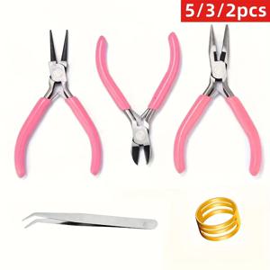 5개/3개/2개 핑크색 보석 플라이어 도구 세트에는 보석 비딩 수리를 위한 바늘형 원형 와이어 커터 및 곡선형 노즈 플라이어가 포함되어 있습니다.
