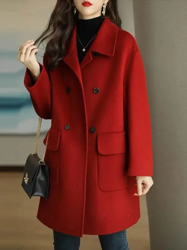 테일엔드 겨울 모직 코트 중간 길이 한국 스타일 슬리밍 플러스 사이즈 여성 자켓 하이웨이스트 긴팔 가디건