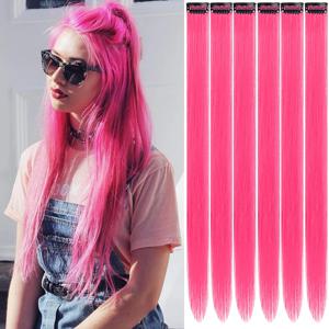 6개입 로즈 레드 헤어 익스텐션 클립형, 컬러 파티 하이라이트 익스텐션 어린이 소녀용 합성 헤어피스 스트레이트 22인치