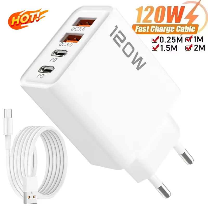 4포트 120W USB C 고속 충전 스테이션 PD QC3.0 벽면 어댑터 데이터 케이블 (아이폰, 삼성, 샤오미, 화웨이용) EU/US/UK 플러그 여행용