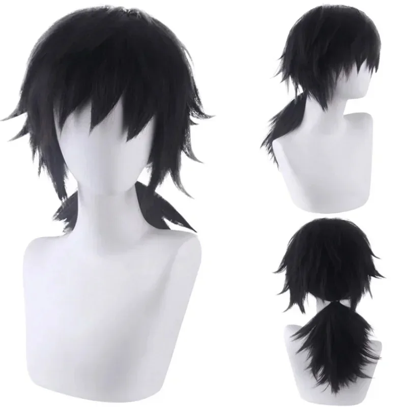 애니메이션 Tomioka Giyuu 코스프레 가발 긴 검은 포니 테일 얽히고 설킨 레이어드 스타일링 가발 내열성 합성 가발 할로윈