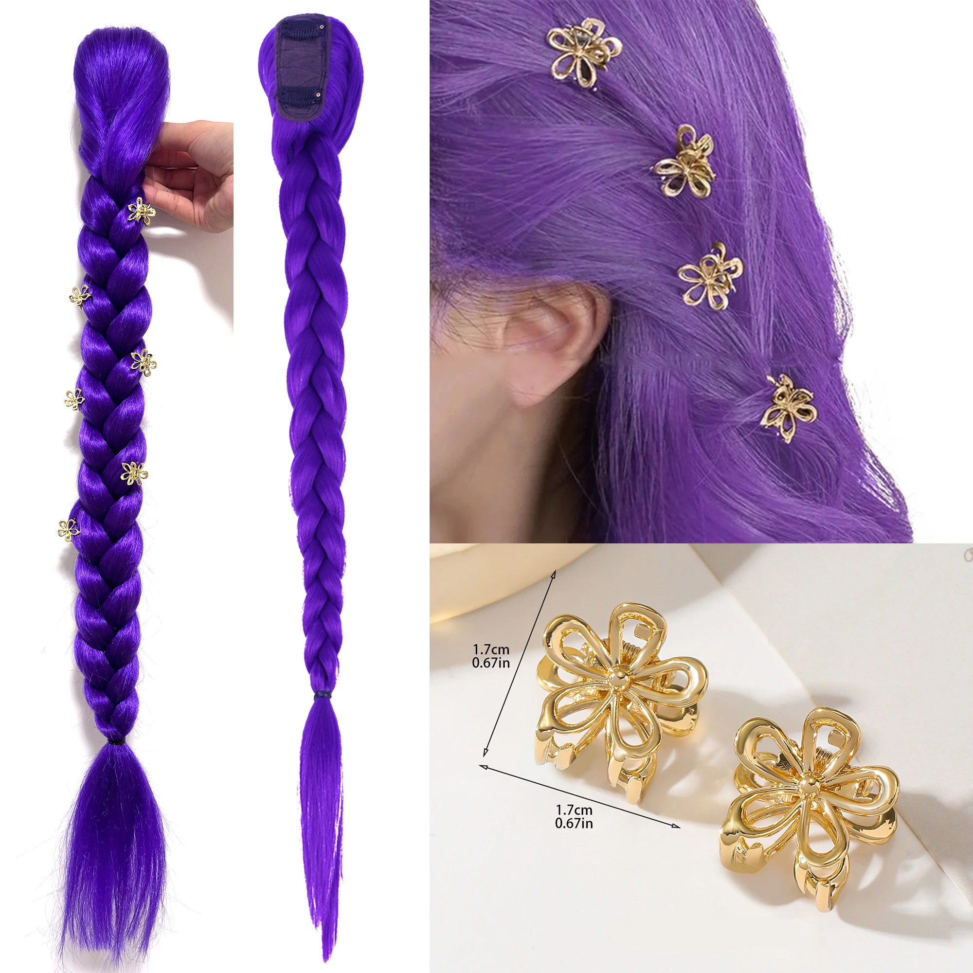 26인치 퍼플 브레이드 클립 인 포니테일 헤어 익스텐션 롱 포니테일 합성 헤어피스 코스프레 어린이 소녀 할로윈 크리스마스용