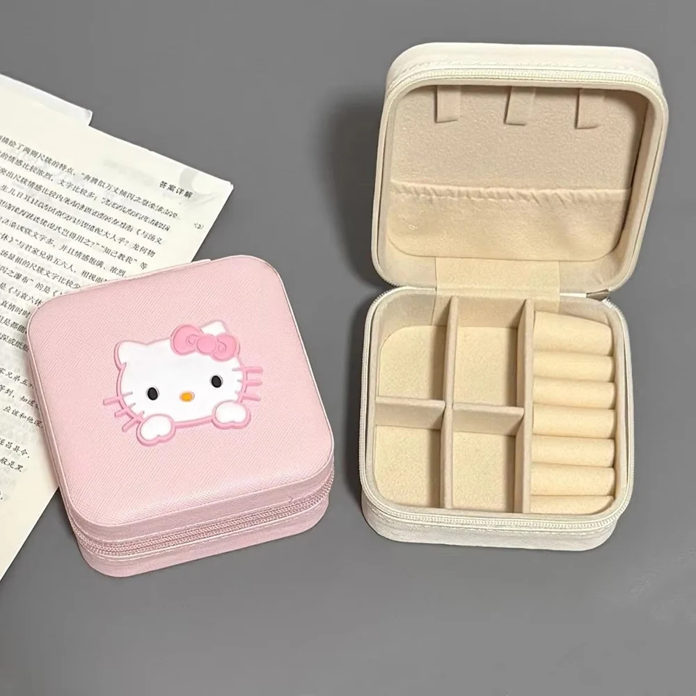 인기 급상승 새 산리오 핑크 고양이 보석함 귀걸이 휴대용 반지 귀여운 보관함 여행용 미니 컴팩트 액세서리 보관함