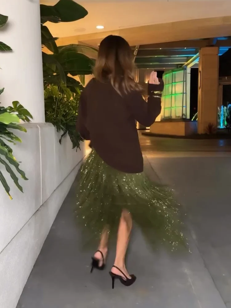 여성용 올리브 그린 스팽글 프린지 미디 스커트 반짝이는 태슬 파티 스커트 이브닝 클럽웨어 2025 페스티벌 신상 섹시 여성 스커트