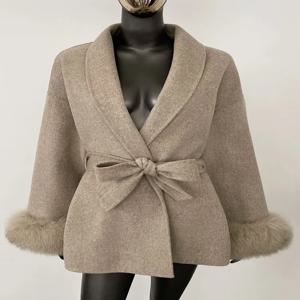 진짜 모피 겨울 우아한 OL 오피스 레이디 오버코트 모피 패치워크 긴 소매 울 코트 아름다운 여성 의류 자켓 가을