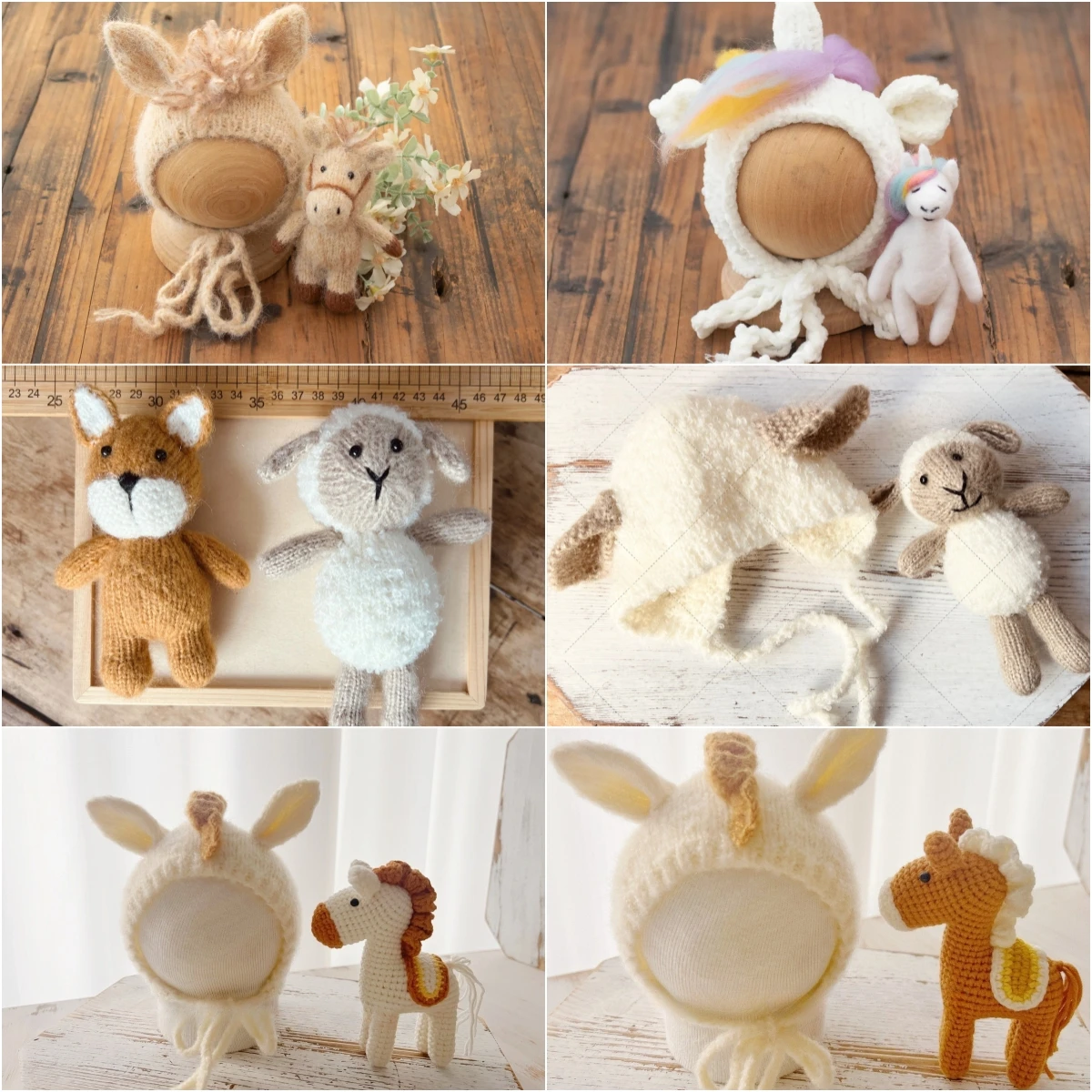 신생아 사진 소품 귀여운 수제 니트 말 모자 인형 2개 세트 사진 장식 액세서리 스튜디오 촬영용