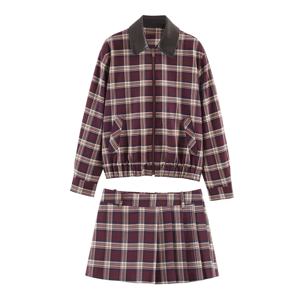 겨울 신상 여성 의류 유럽 및 미국 스타일 가죽 효과 체크 무늬 라펠 재킷 체크 무늬 와이드 플리츠 스커트 팬츠 세트