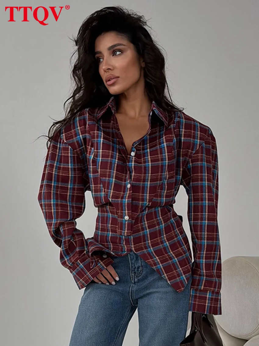 TTQV 패션 루즈 체크 여성 블라우스 2026 빈티지 라펠 긴팔 셔츠 우아한 클래식 레이스업 탑 여성 의류