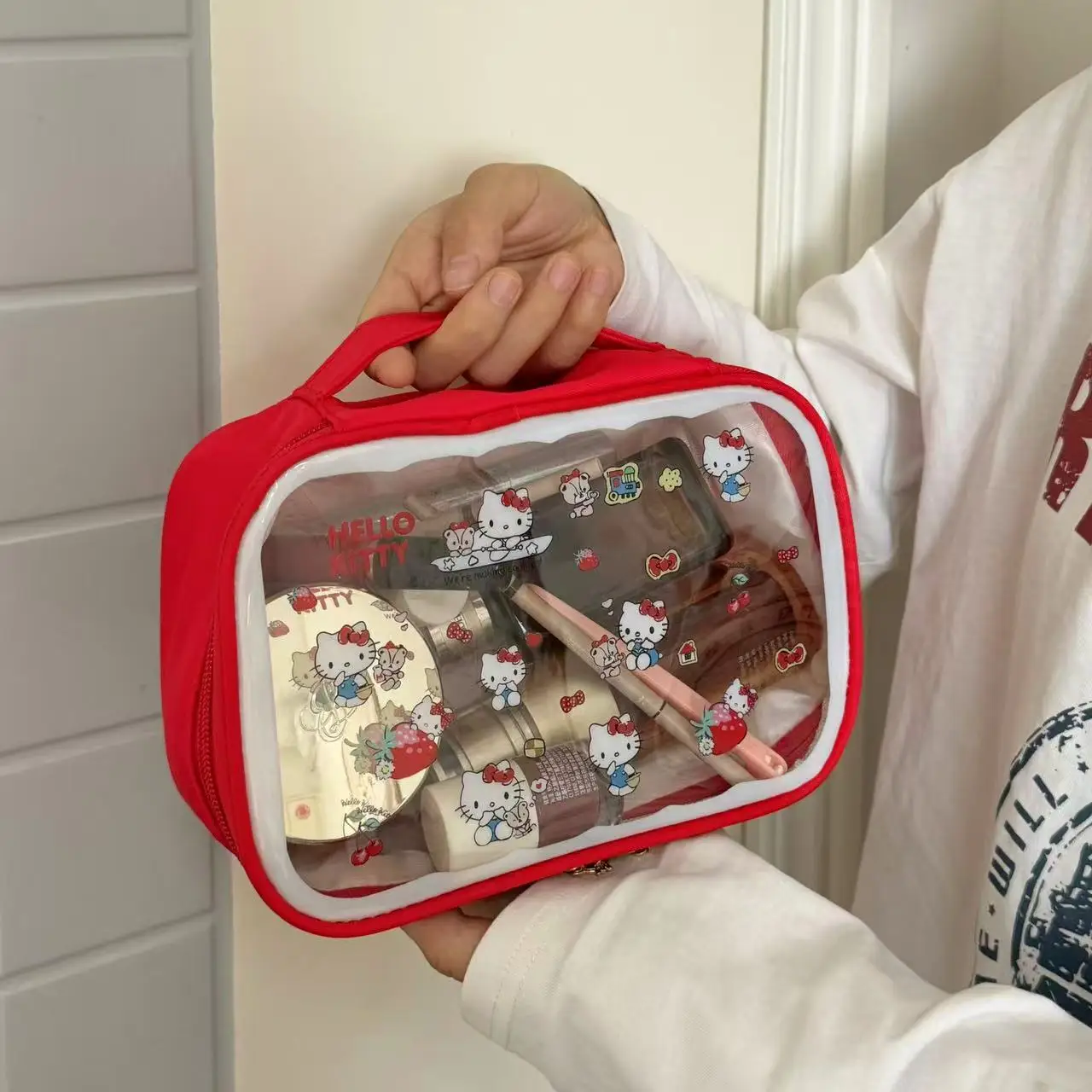 산리오 헬로 키티 귀여운 여행용 휴대용 메이크업 가방 대용량 세면도구 보관 가방 카와이 Y2K 투명 화장품 가방 선물