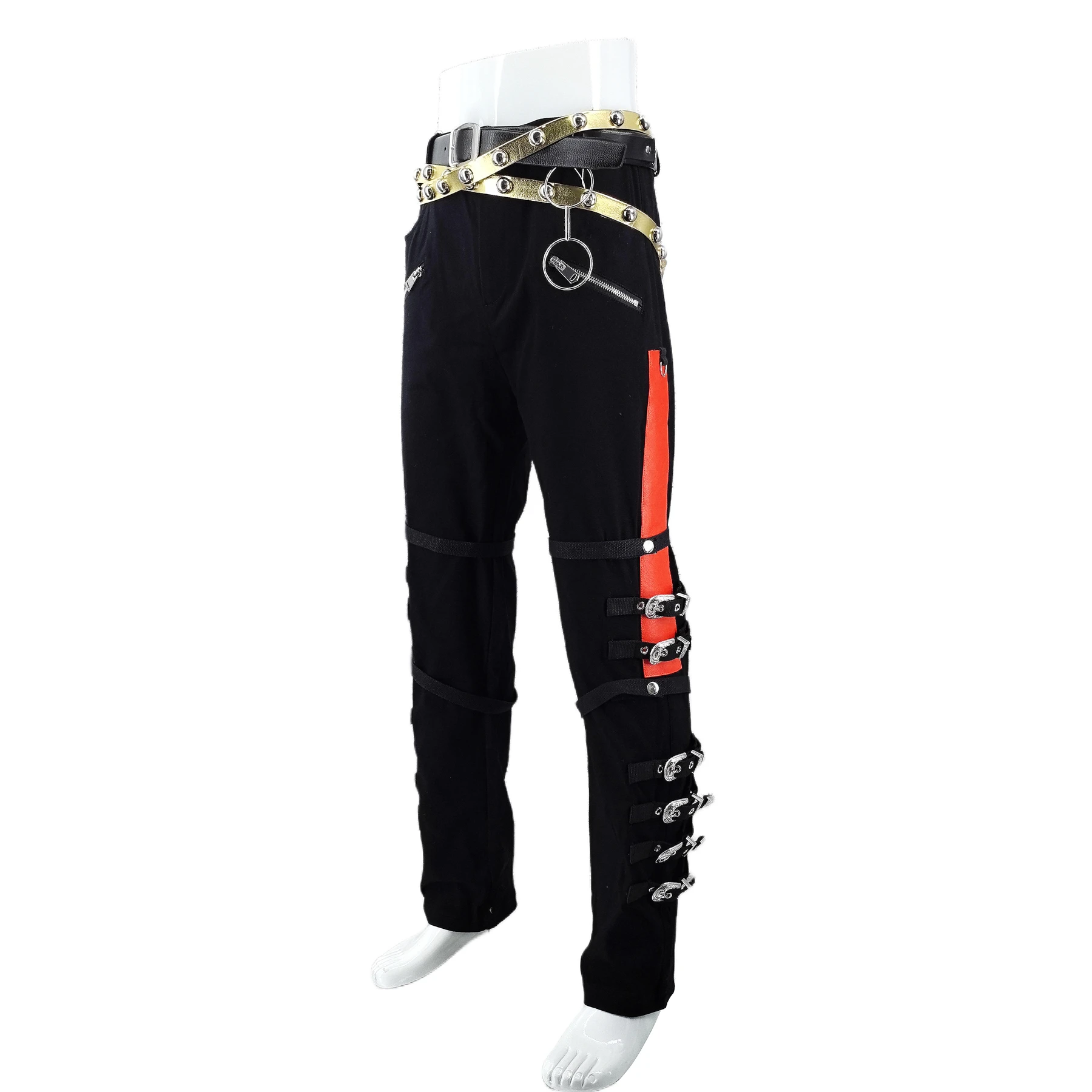 Matel 버클이 있는 스키니 팬츠, 레어 마이클 잭슨, 배드 블랙 팬츠