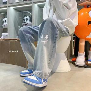 하라주쿠 스마일 프린트 헐렁한 바지, 남성 스트리트웨어, 와이드 레그, 오버사이즈 청바지, 빈티지 Y2k 스트레이트 롱 바지, 남성 2024 패션