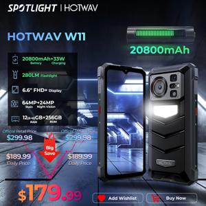 [월드 프리미어] HOTWAV W11 견고한 휴대폰 20800mAh 280LM 손전등 6.6인치 FHD+ 스마트폰 33W 24MP 나이트 비전 휴대폰
