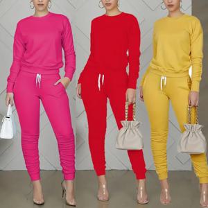 새로운 라운드 넥 긴 소매 슬림 피트 따뜻한 탑 탄성 허리 밴드 레이스 업 바지 간단한 솔리드 컬러 스포츠 투피스 세트