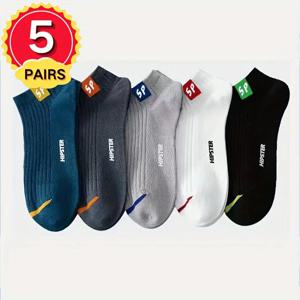 남성용 면 양말 5켤레, 통기성 발목 스포츠 양말, 레터 태그가 있는 캐주얼하고 편안한 짧은 양말, 일상 및 야외 활동에 적합