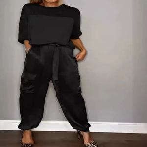 2024 유럽과 미국의 국경 새로운 패션 여성의 부드러운 새틴 반팔 어퍼 의류 세트 투피스 캐주얼 세트