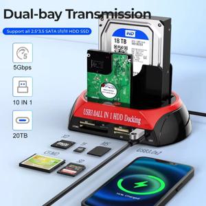 10 IN 1 듀얼 베이 하드 드라이브 스테이션 USB3.0 5Gbps HDD 도킹 스테이션(2.5/3.5인치 HDD/SSD TF 카드용 12V 3A 전원 어댑터 포함)