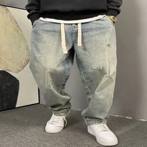플러스 사이즈 300파운드 남성용 아메리칸 스타일 워싱 데미지 진 루즈핏 스트레이트 레그 팬츠 여름 캐주얼웨어