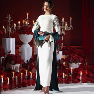 Arya Ivory and Green 이브닝 원피스, 사우디 아라비아, 긴 소매 발목 길이, 맞춤형 여성용