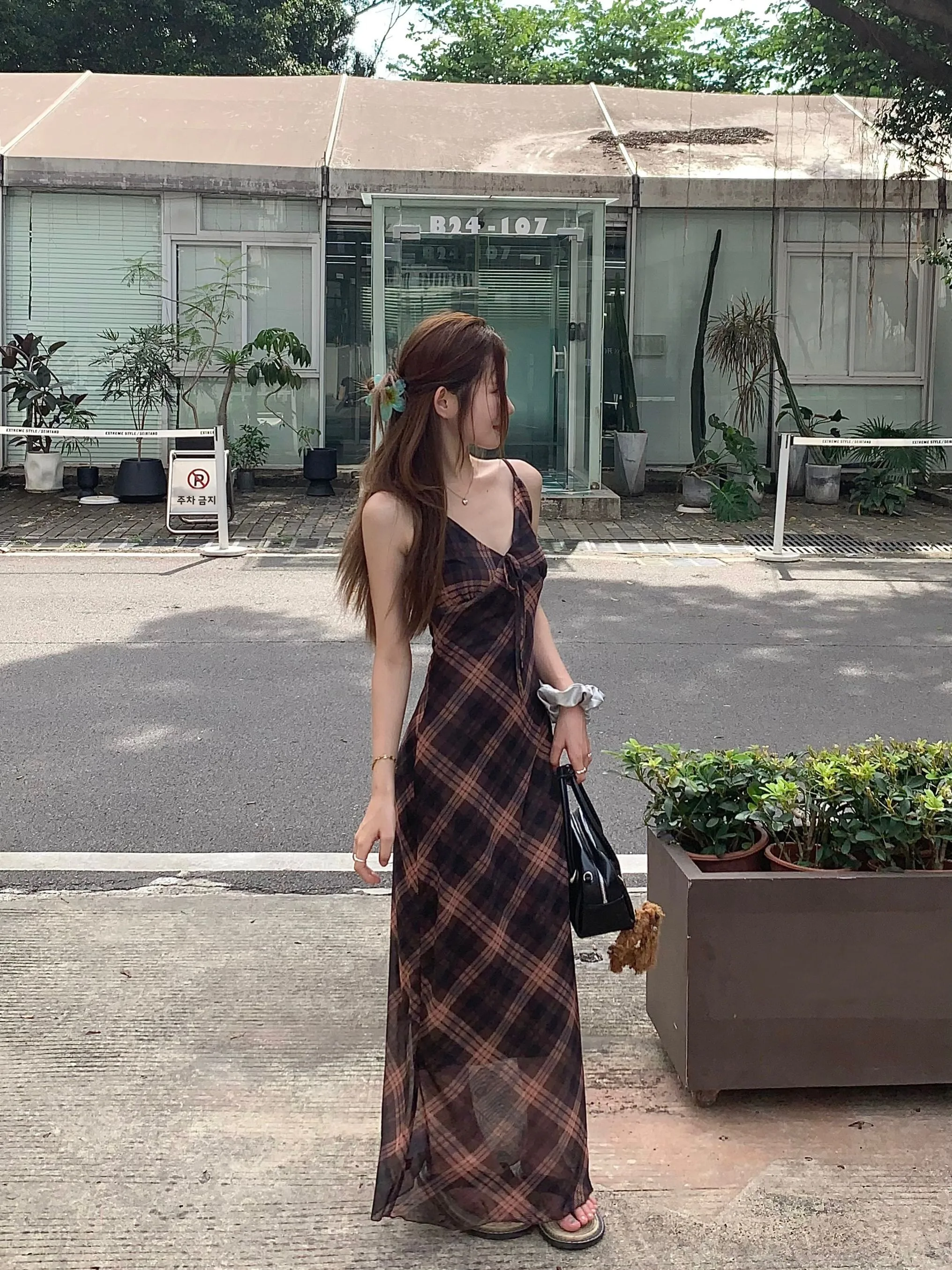 여름 신상 여성용 젠틀 그리드 스트랩 드레스 허리 안쪽 살을 가려주는 얇은 배형 레트로 드레스 H 버전 봄 가을