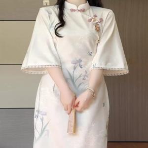 티잎 코튼 뉴 스타일 2025 봄 신상품 젊은 여성용 롱 치파오 우아한 플로럴 민소매 미디 드레스 폴리에스터 섬유 데일리룩
