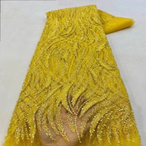 2025 프랑스 하이 엔드 럭셔리 우아한 노란색 수제 페르시 레이스 원단 나이지리아 스팽글 메쉬 레이스 원단 웨딩 드레스