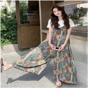 2025년 여름 뉴 레트로 일본 스타일 보헤미안 프린트 캐주얼 다용도 여성 원피스 팬츠 하이웨이스트 롱 팬츠 폴리에스터 섬유