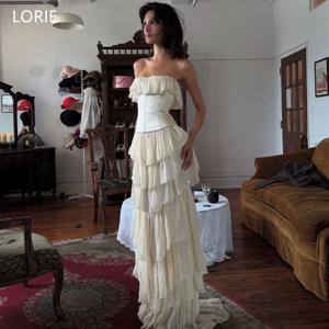 LORIE 아이보리 쉬폰 파티 드레스 Strapless Layer Pleat 민소매 이브닝 댄스 파티 드레스 바닥 길이 댄스 파티 드레스 2025 맞춤형