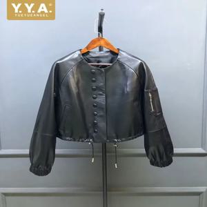 세련된 레이디 정품 가죽 짧은 재킷 오-넥 싱글 브레스트 성격 코트 봄 가을 새로운 스타일 진짜 양피 겉옷