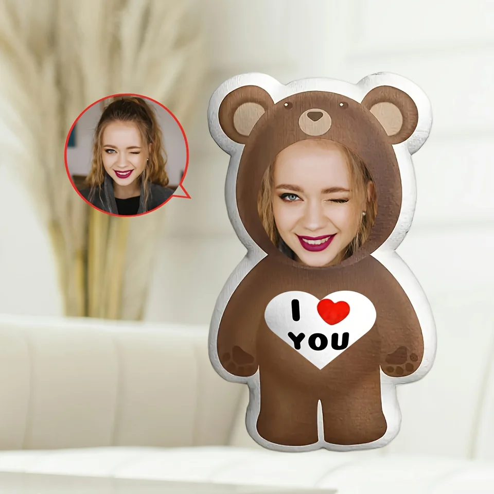 맞춤형 사진 곰 인형, 개인 맞춤형 '사랑해' 얼굴 플러시 인형, 사랑하는 사람을 위한 이상적인 선물. 부드럽고 편안한 짧은 플러시