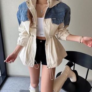 여성 후드 재킷 2025 가을 겨울 한국 스타일 캐주얼 작업복 스플라이싱 아우터 탑 긴팔 중간 길이