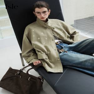 FSLE【프리미엄 시리즈】신상품 여성 올리브 그린 자수 스탠드 칼라 재킷 루즈핏 작업복 스타일 Boho 아우터 Relaxed Street