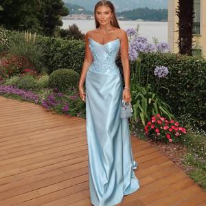 패션 새틴 이브닝 드레스, 섬세한 꽃무늬 스트랩리스 프롬 드레스, 우아한 아플리케, 맞춤 제작 특별한 날 드레스