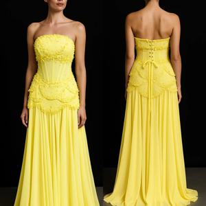 맞춤형 쉬폰 구슬 반짝이 Strapless 레이스 업 A 라인 바닥 길이 맞춤형 행사 여성 럭셔리 저녁 우아한 파티