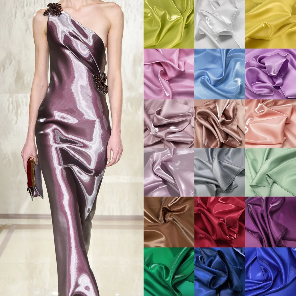 액체처럼 흐르는 가벼운 물결결 무늬의 새틴 원단, 윤기나는 광택과 부드러운 촉감의 크리스탈 새틴 드레스, 치파오 공연 의상, 수제