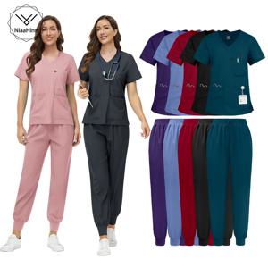 니아힌 의료용 스크럽 유니폼 간호사 여성 남성 V넥 스크럽 셔츠 바지 세트 포켓 포함 병원 근무복 간호 액세서리