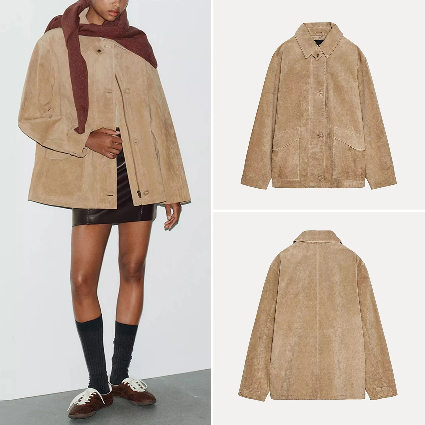 Z 여성용 루즈핏 인조 가죽 재킷 포켓 포함 벨벳 질감 아우터 가을 패션 여성용 짧은 코트