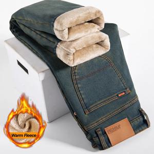 고품질 겨울 청바지 남성용 따뜻한 플리스 두꺼운 신축성 데님 바지 패션 스트레이트 신축성 레트로 플러시 벨벳 바지
