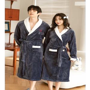 두꺼운 산호 플리스 플란넬 수면 가운 남성용 롱 홈웨어 따뜻한 커플 목욕가운 스타일 겨울 홈웨어 남녀공용