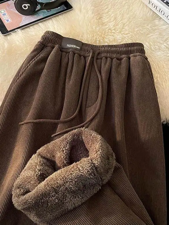 아메리칸 스타일 양털 안감 두꺼운 양 벨벳 캐주얼 바지 가을 겨울 스웨트팬츠 루즈핏 따뜻한 스트레이트 코듀로이 롱 팬츠 트렌디