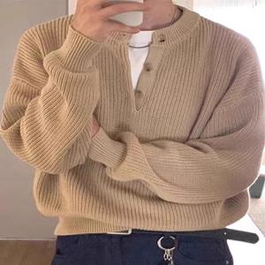 아메리칸 스타일 루즈핏 니트 헨리 셔츠 남성 빈티지 하프 버튼 스웨트셔츠 도어 프론트 칼라 워크웨어 울 스웨터 트렌디