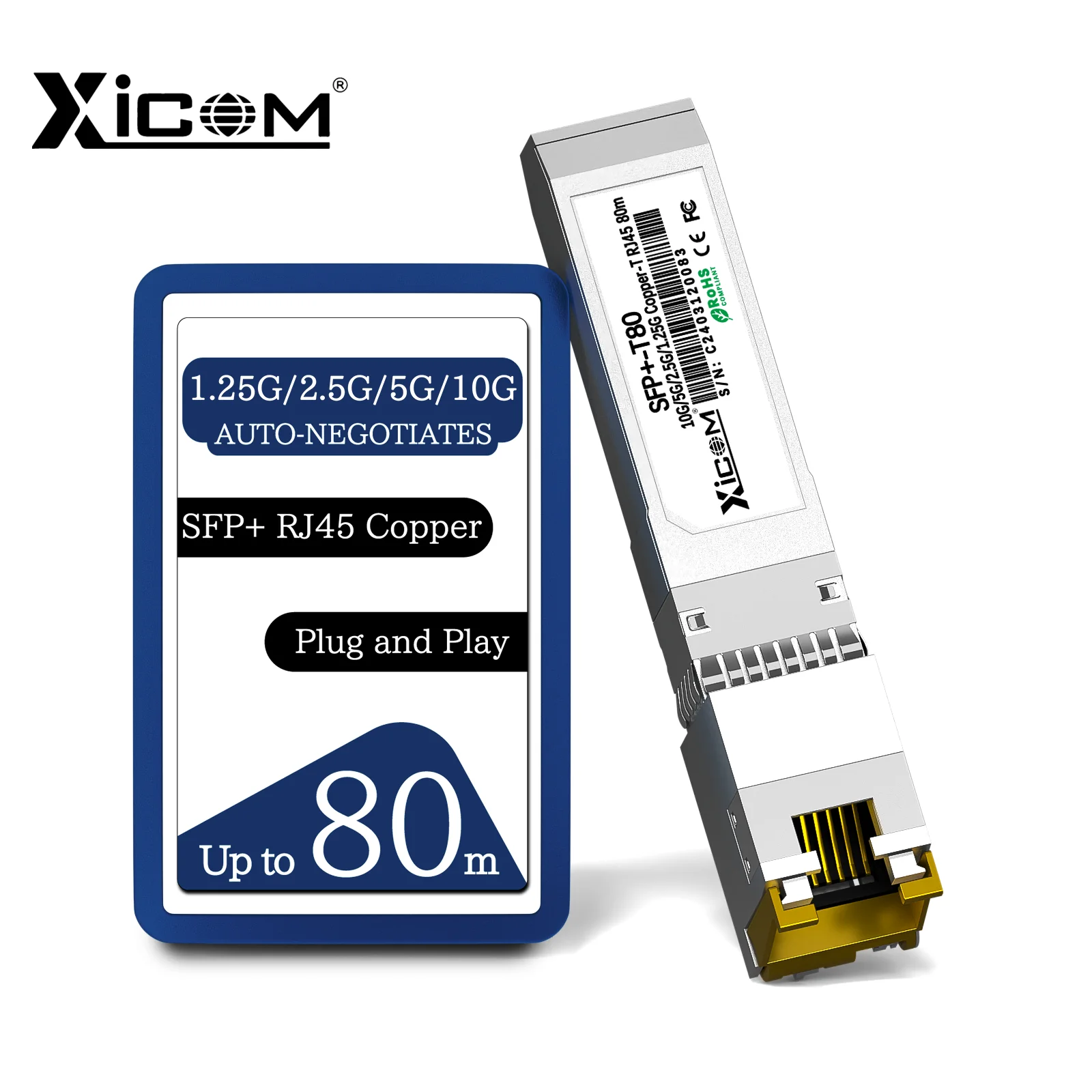 Xicom 10G SFP+ RJ45 구리 트랜시버 SFP 모듈 80M RJ45 포트 10G/5G/2.5G/1.25G Cisco/Mikrotik 이더넷 스위치와 호환
