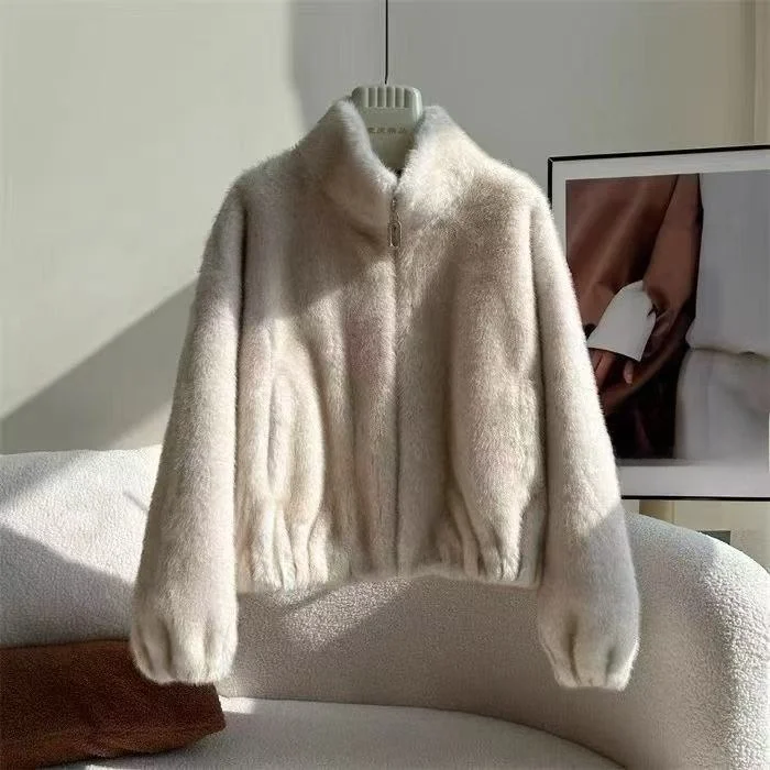 겨울용 두꺼운 짧은 퍼 코트 스탠드 칼라 여성용 패셔너블 플러시 일체형 가죽 및 퍼 아우터 루즈핏 지퍼