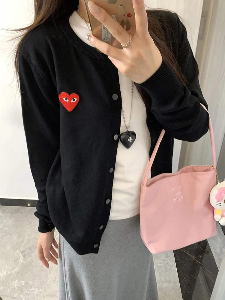 한국 스타일 라운드넥 니트 가디건 스웨터 여성 패션 다용도 러브 스티칭 가을 겨울 아우터웨어 탑