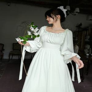 티이하일리 봄 가을 여성 드레스 풀 랜턴 슬리브 롱 맥시 여성복 S-XL 빈티지 하이웨이스트 2025 신상 화이트 드레스 레이스업